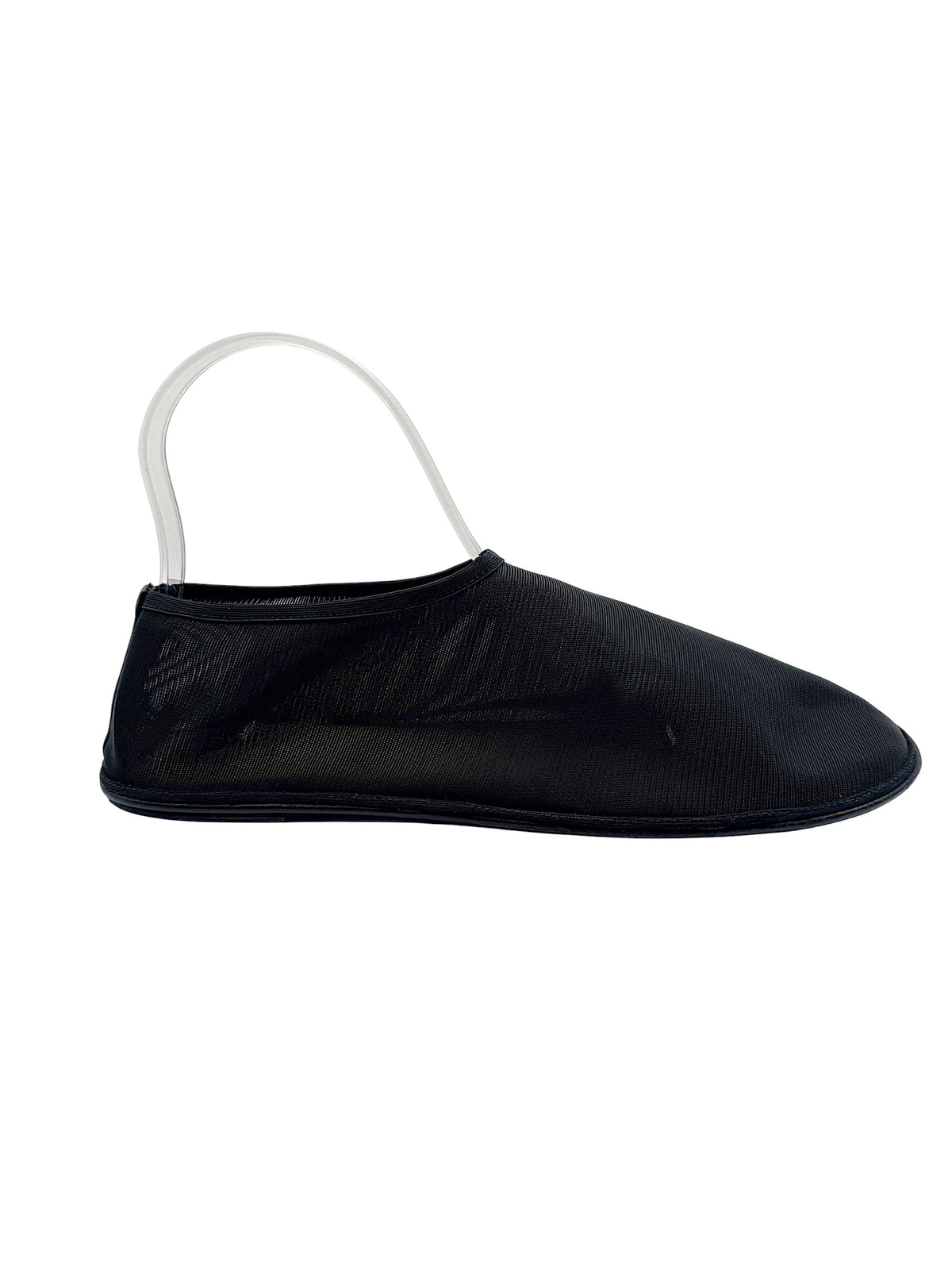 Front top view of The Row black sheer mesh sock shoes, size EU 38, showing rounded toe shape, streamlined uppers and slip-on openings.