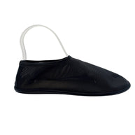 Front top view of The Row black sheer mesh sock shoes, size EU 38, showing rounded toe shape, streamlined uppers and slip-on openings.