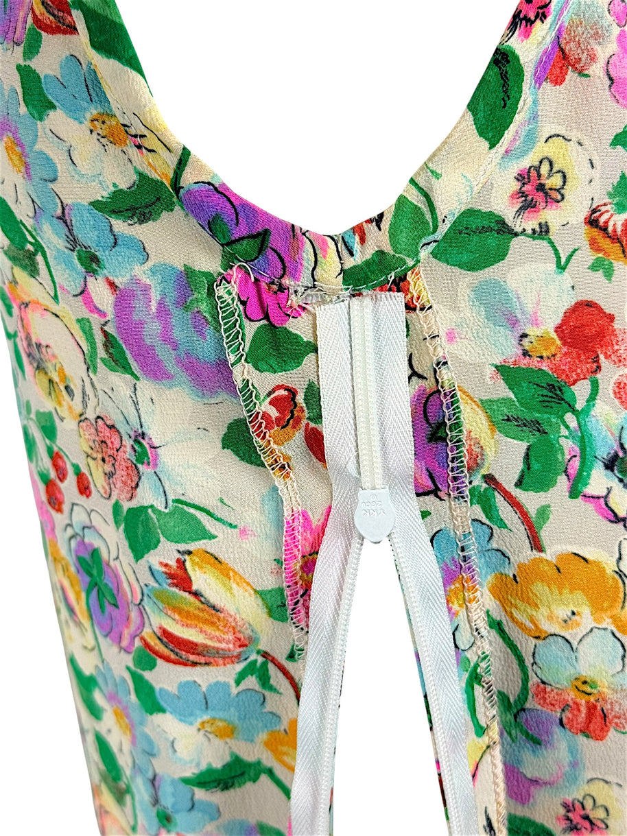 Side zipper detail on Ungaro floral silk blouse vintage construction
