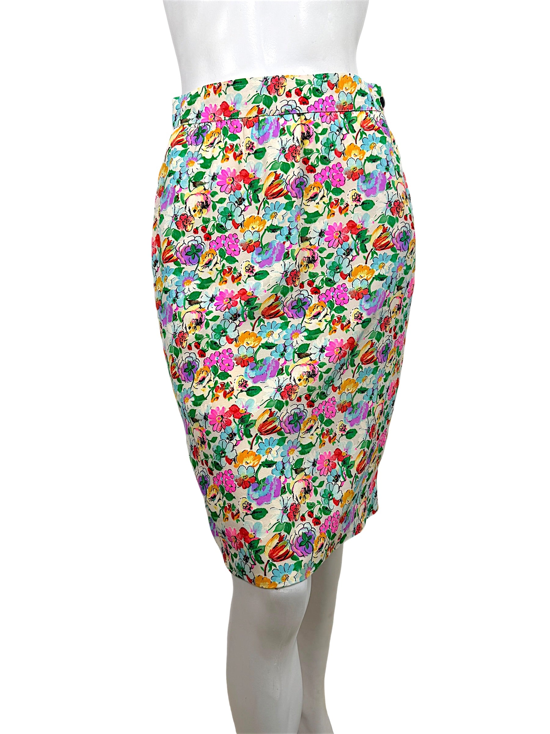 Front view Ungaro floral silk pencil skirt multicolor botanical print