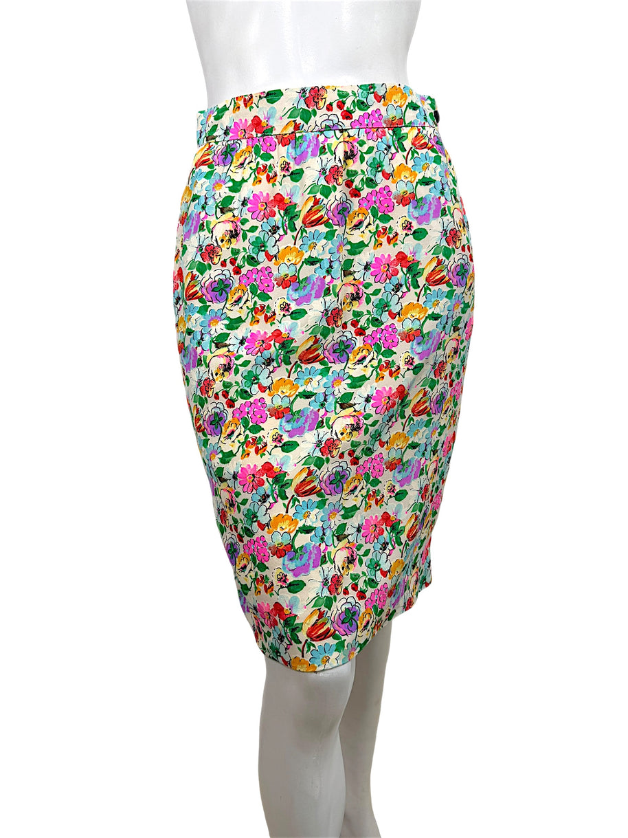Front view Ungaro floral silk pencil skirt multicolor botanical print