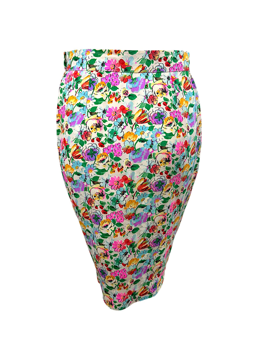 Full back view Ungaro floral silk pencil skirt vibrant multicolor print