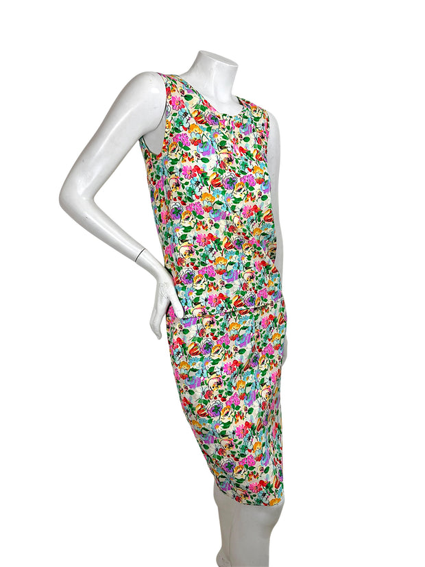 Ungaro vintage floral silk two piece set angled front view blouse and skirt