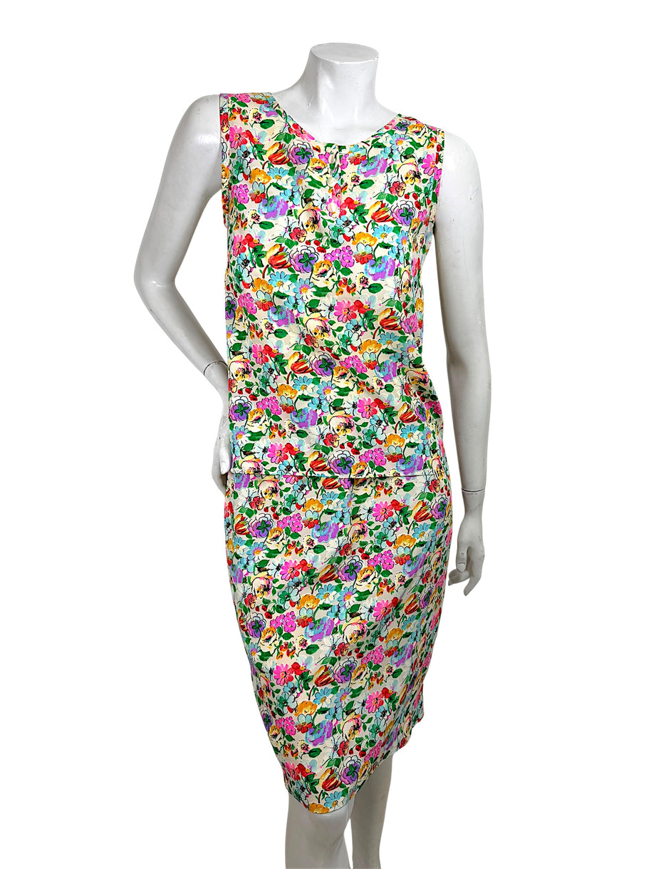 Vintage Emanuel Ungaro floral silk skirt and top set front view multicolor print