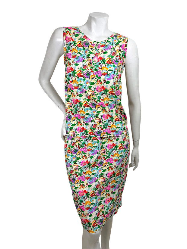 Vintage Emanuel Ungaro floral silk skirt and top set front view multicolor print