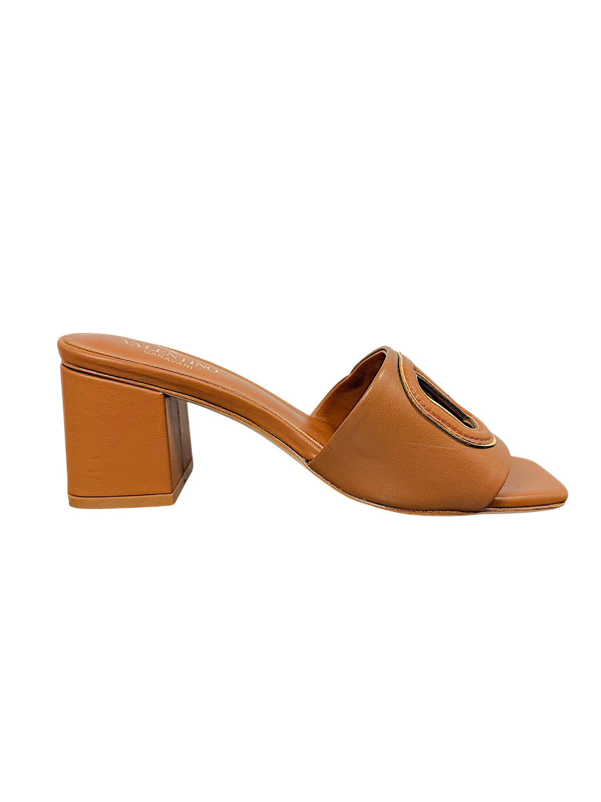 Valentino Garavani VLogo brown cognac leather sandal with open square toe and block heel