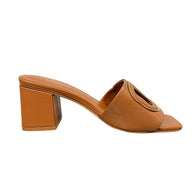 Valentino Garavani VLogo brown cognac leather sandal with open square toe and block heel