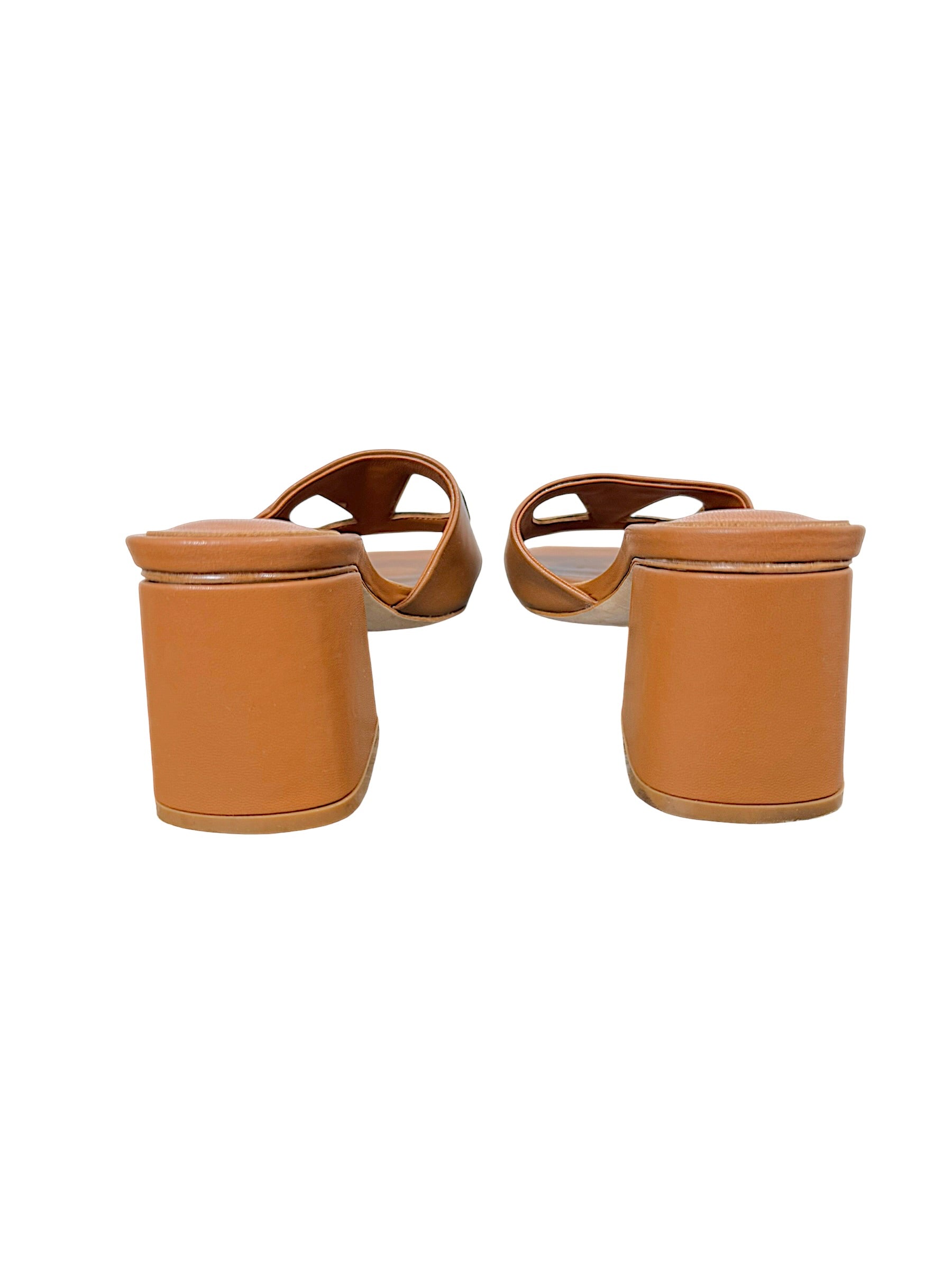 Rear view of Valentino Garavani cognac leather sandals with covered block heels