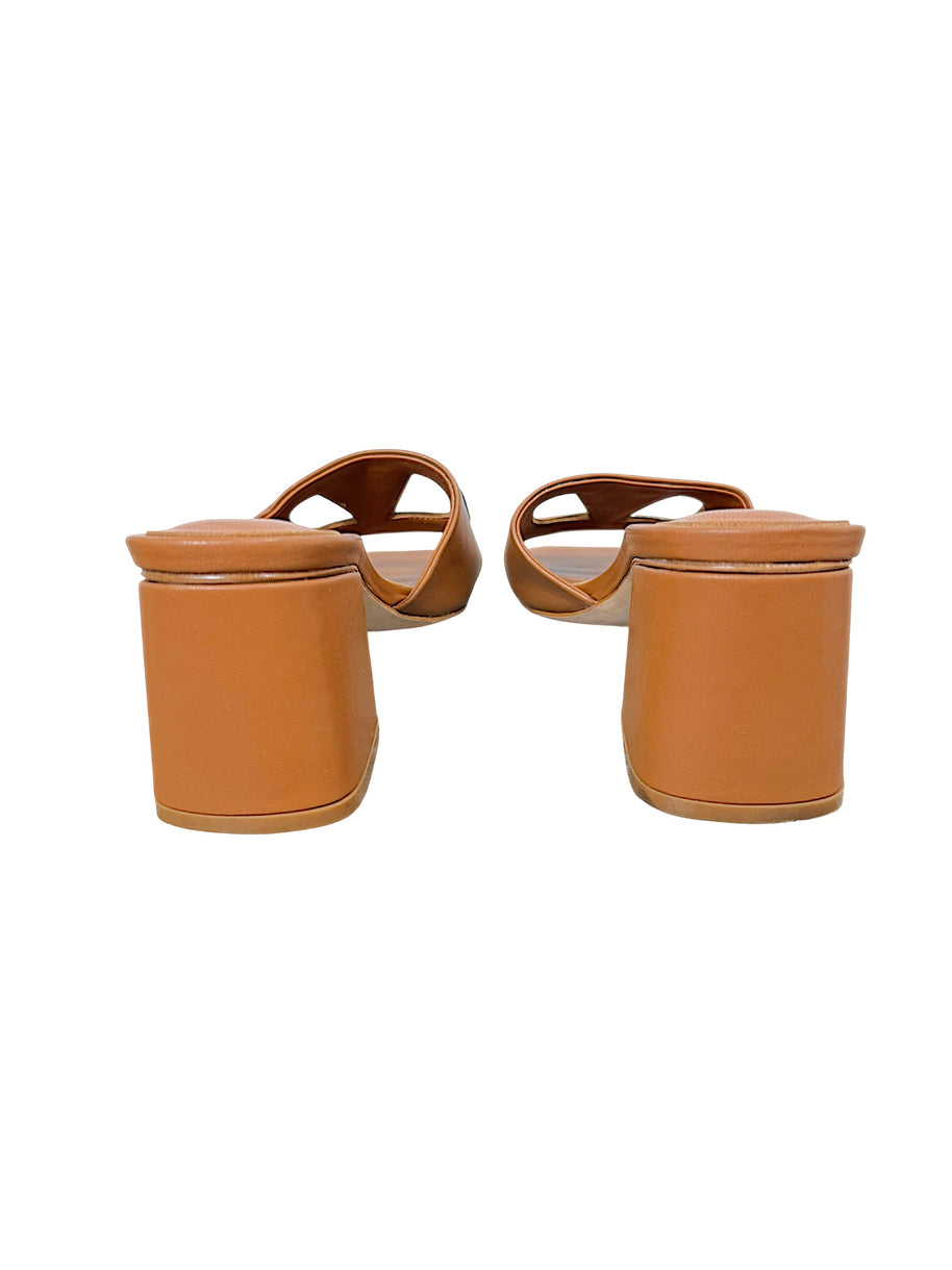 Rear view of Valentino Garavani cognac leather sandals with covered block heels