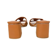 Rear view of Valentino Garavani cognac leather sandals with covered block heels