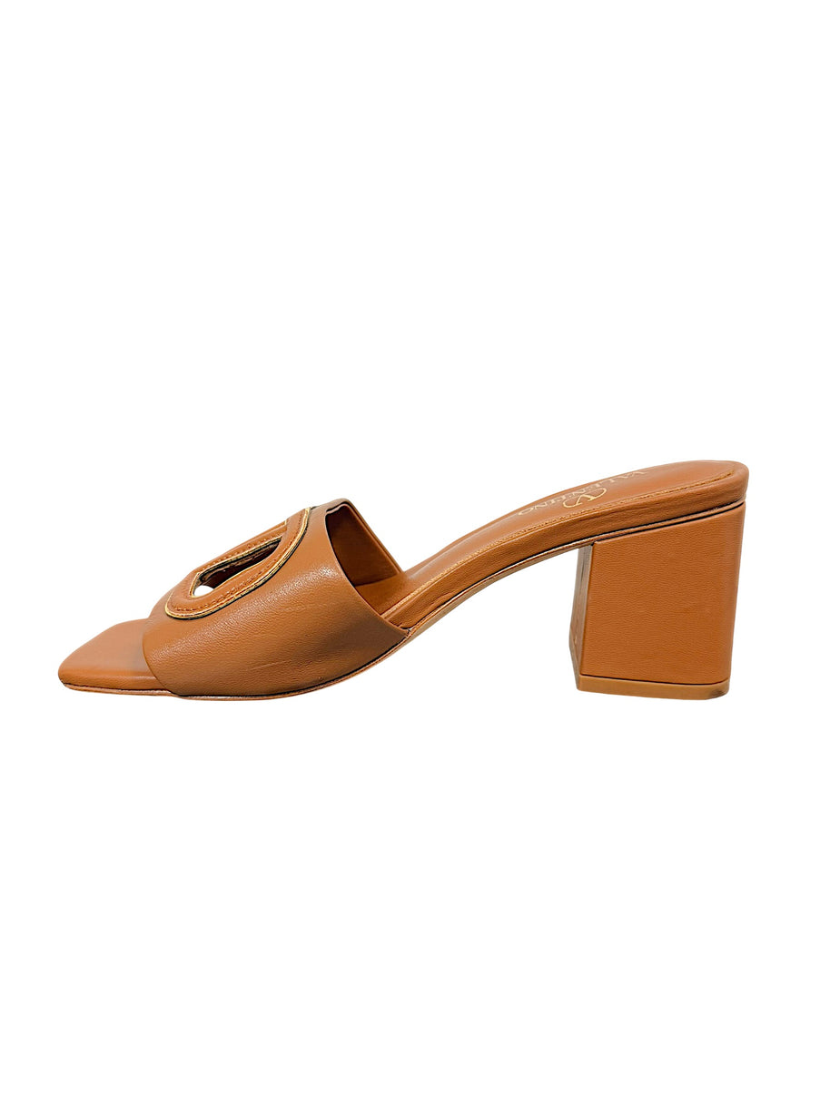 Valentino Garavani VLogo cognac leather slide sandal with square toe and block heel, side view