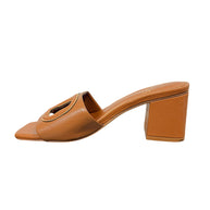 Valentino Garavani VLogo cognac leather slide sandal with square toe and block heel, side view