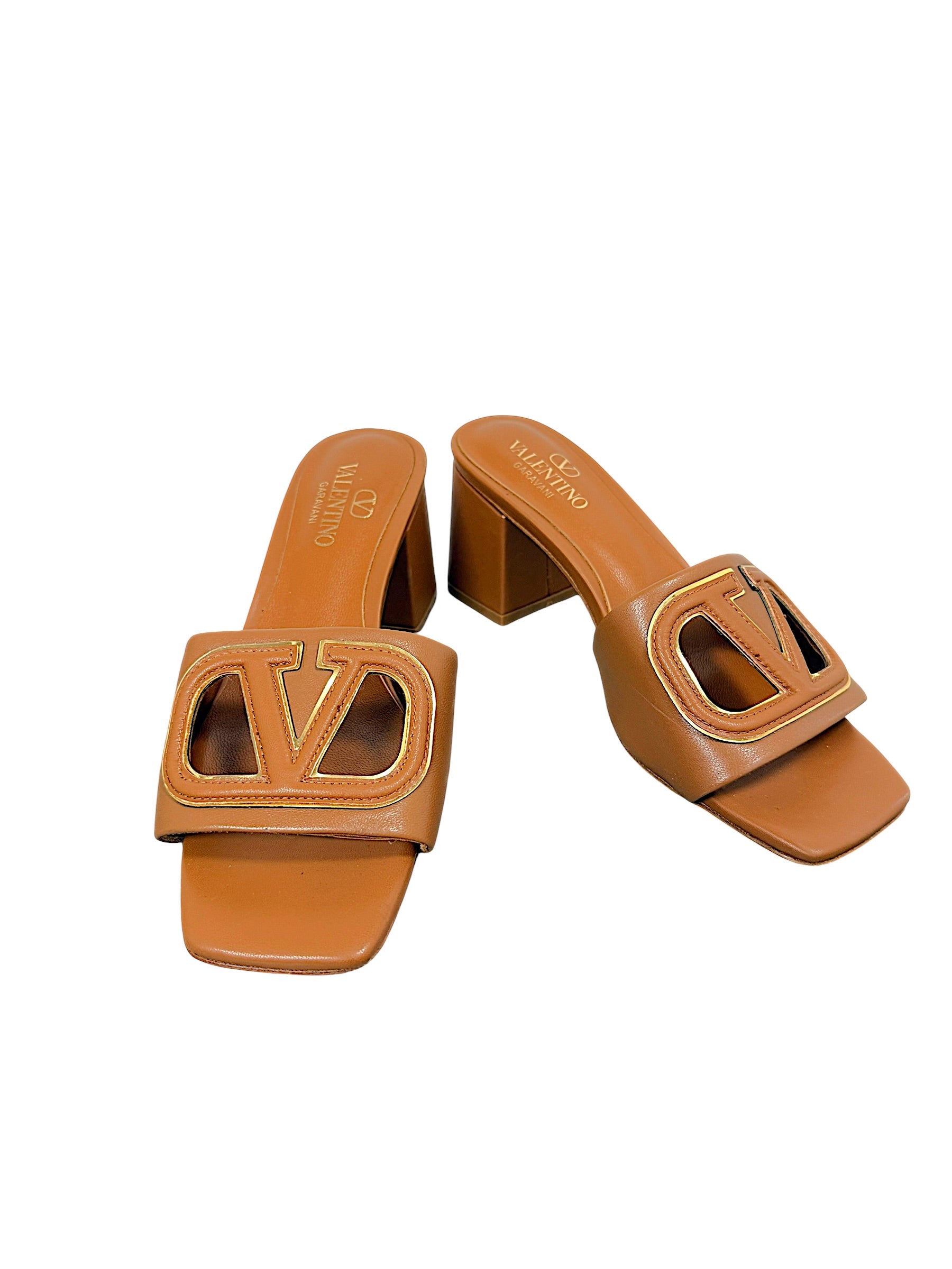 Valentino Garavani VLogo Cut-Out cognac leather block heel sandals, angled pair view