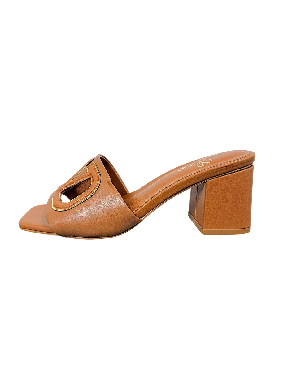 Valentino Garavani leather slide sandal showing VLogo Cut-Out detail and block heel