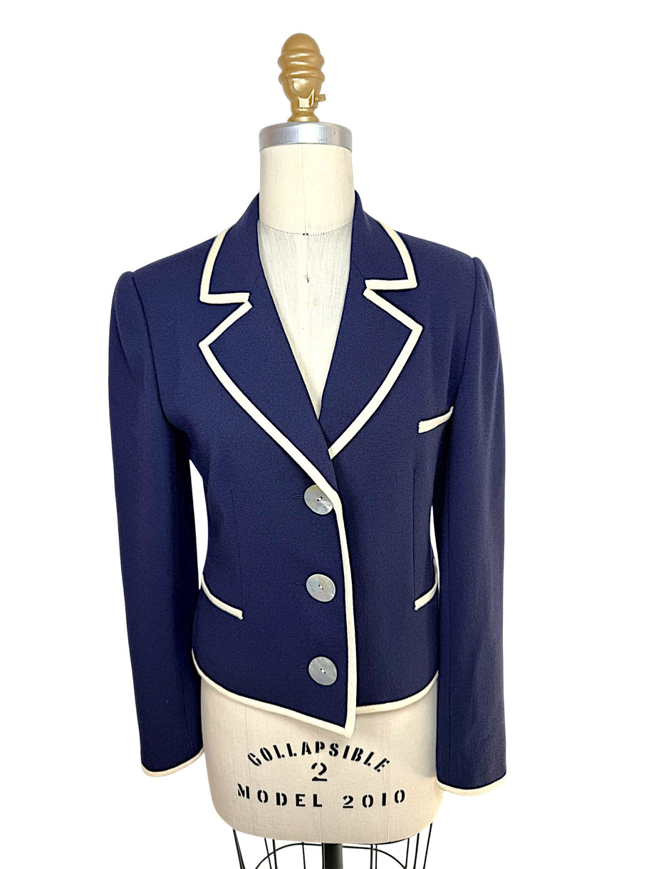 Vintage Valentino navy cropped blazer with ivory contrast trim front view