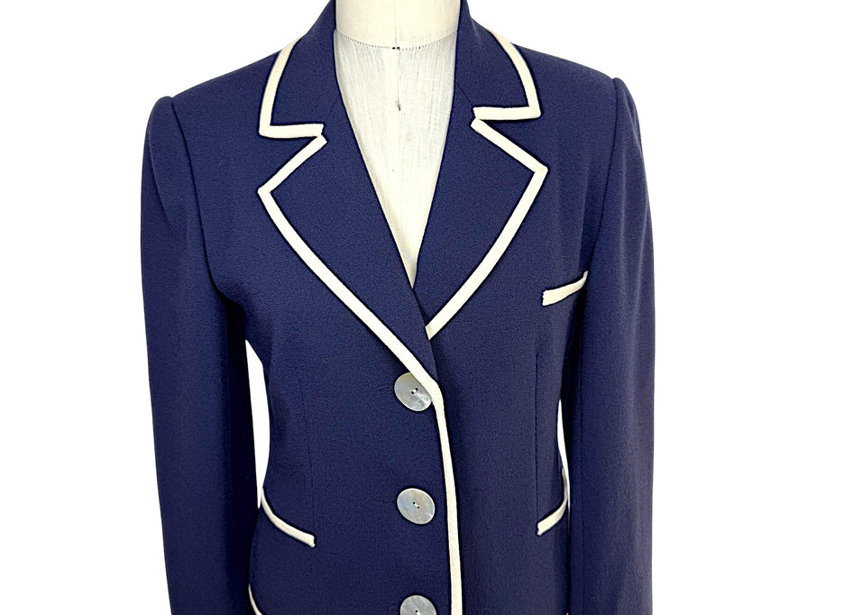 Vintage Valentino navy cropped blazer with ivory contrast trim front view