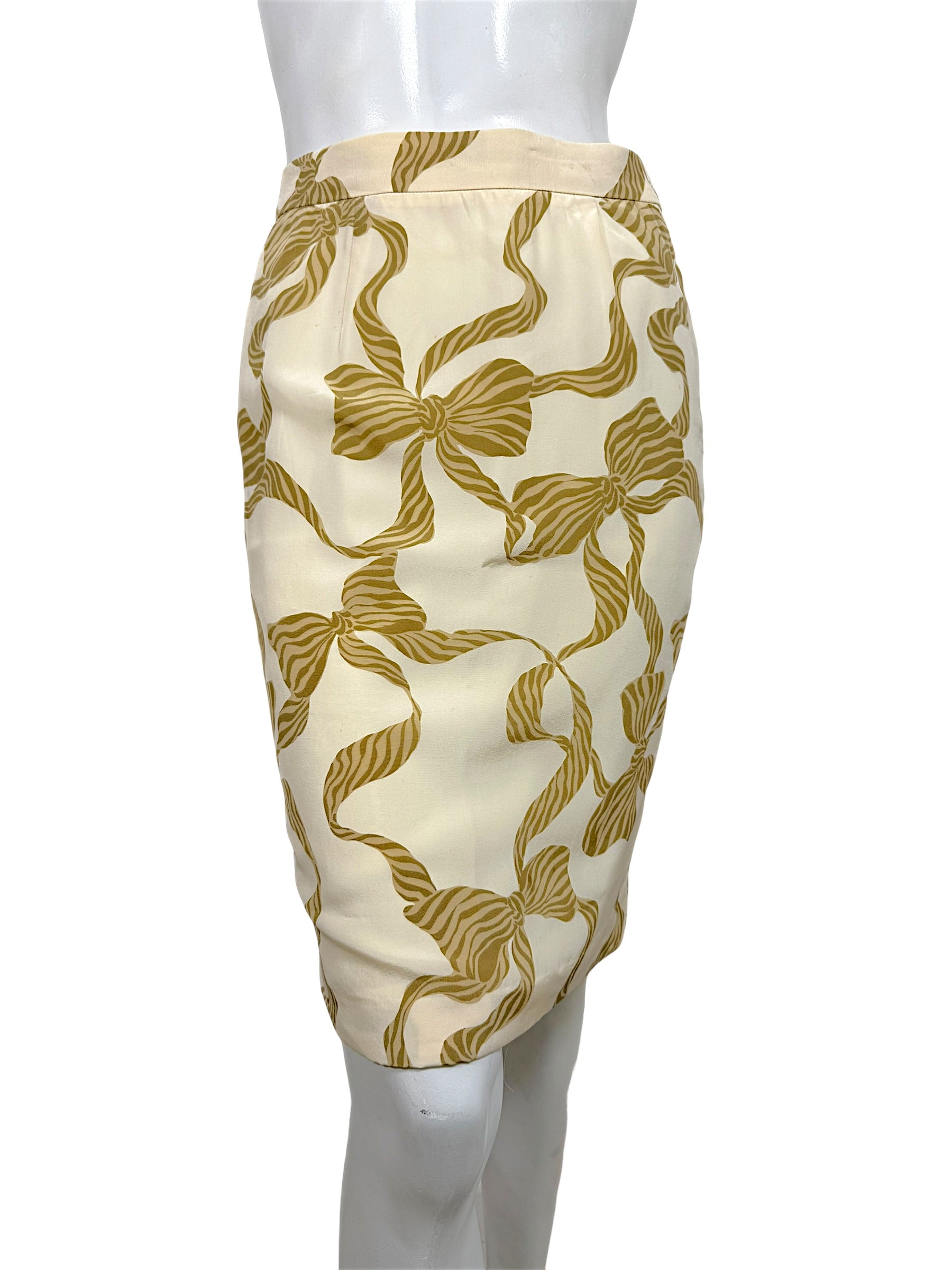 Valentino silk pencil skirt ivory and gold bow print front view
