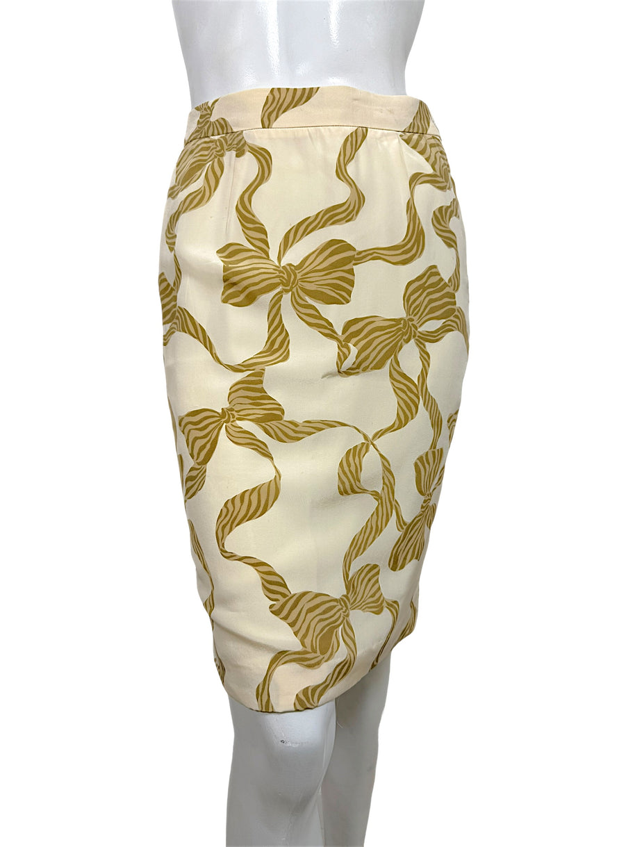 Valentino silk pencil skirt ivory and gold bow print front view
