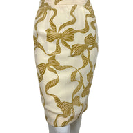 Valentino silk pencil skirt ivory and gold bow print front view