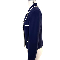 Right side view of Valentino navy structured blazer with ivory trim