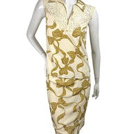 Valentino vintage silk skirt and blouse set ivory bow print full front view