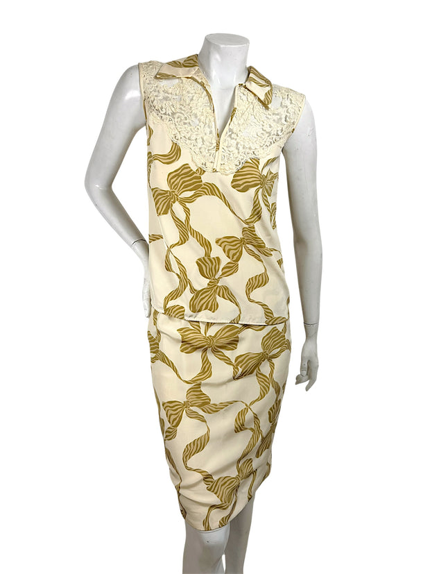 Valentino vintage silk skirt and blouse set ivory bow print full front view
