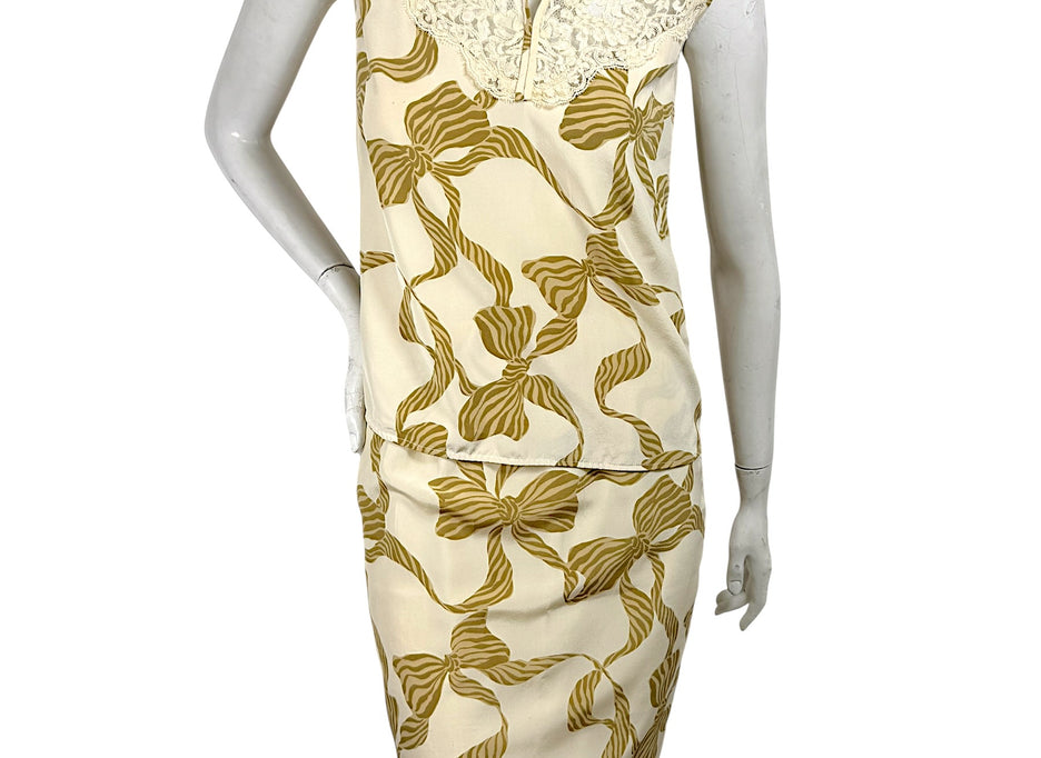 Valentino vintage silk skirt and blouse set ivory bow print full front view
