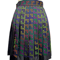 Back view of Versace Fall Winter 2021 La Greca pleated skirt showing multicolor geometric print, structured pleats and contrasting black hem.