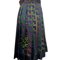 Side profile of Versace FW 2021 multicolor La Greca pleated skirt highlighting its high waistband, flared silhouette and colorful Greek Key motif.