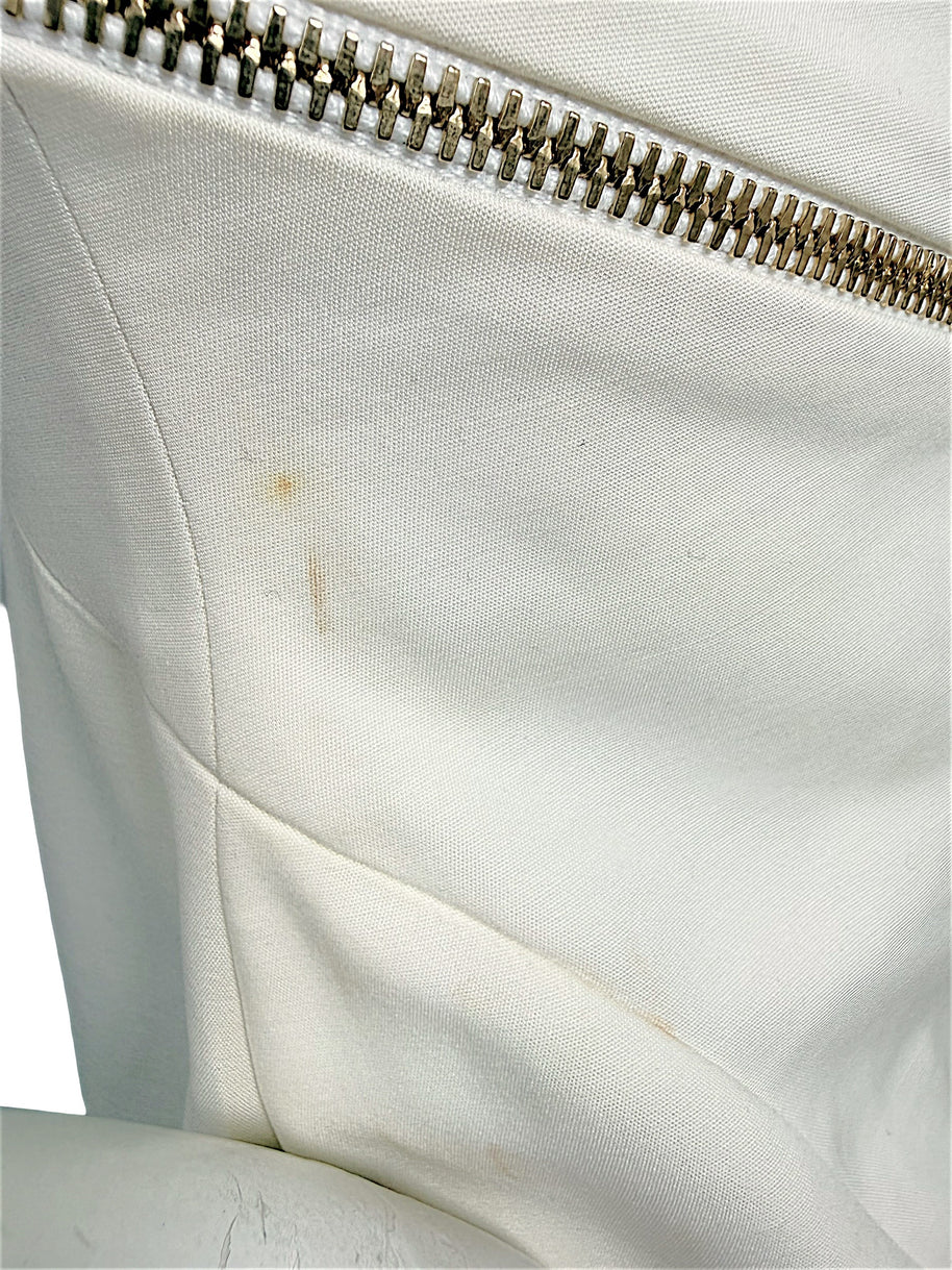 Condition detail showing minor localized soiling near zipper on Versace Spring 2009 ivory dress