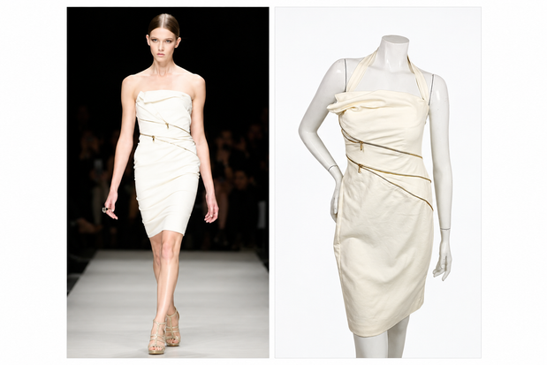 Versace Spring 2009 Look 6 ivory zip-detail dress shown on the runway and on a mannequin