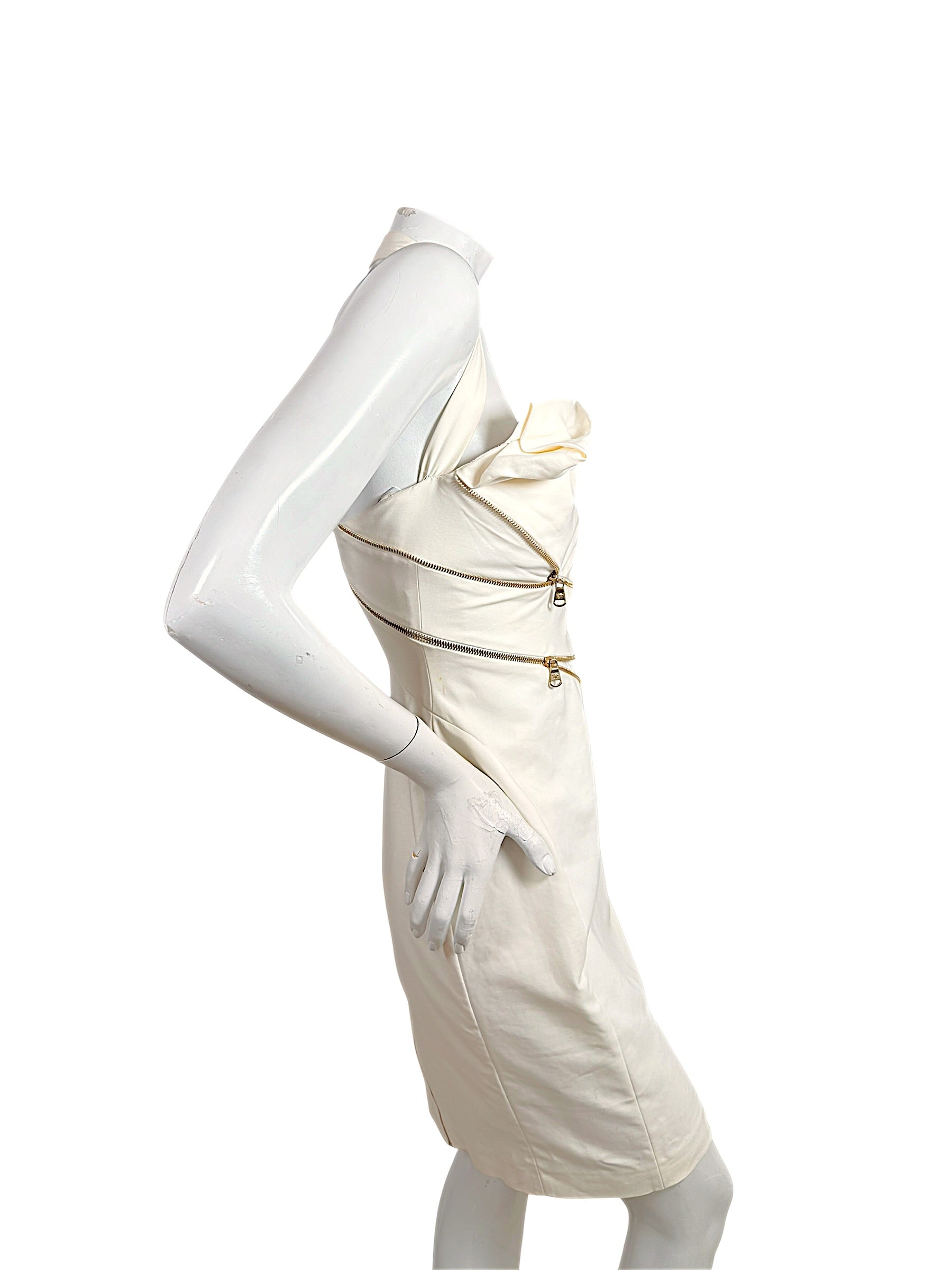 Side view of Versace Spring 2009 Look 6 ivory halter dress with exposed gold zipper construction