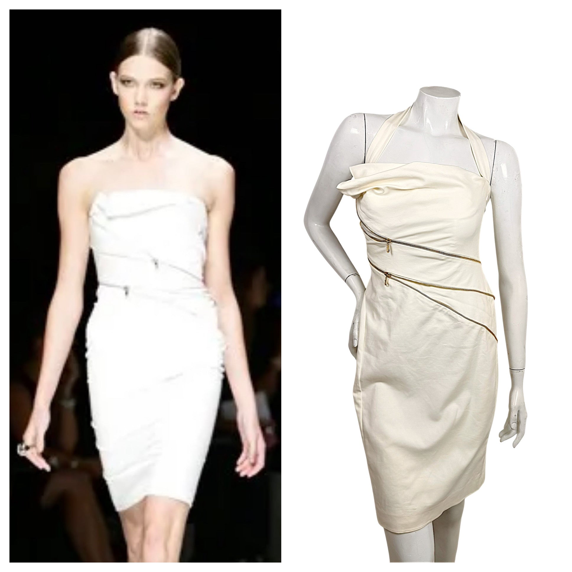 Versace Spring 2009 Look 6 runway reference alongside ivory halter retail variation with exposed gold zipper detailing