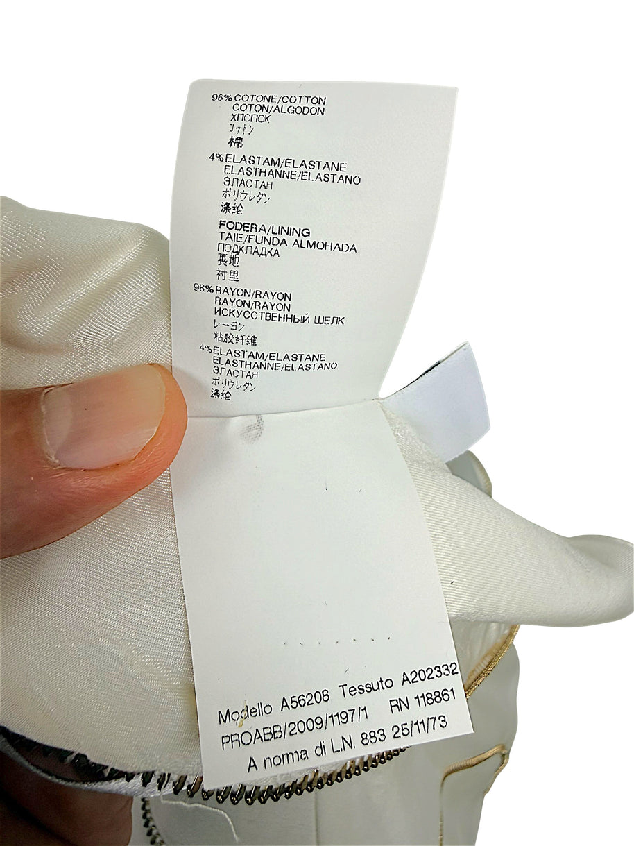 Composition and garment identification label for Versace Spring 2009 ivory dress showing cotton elastane fabric and rayon lining