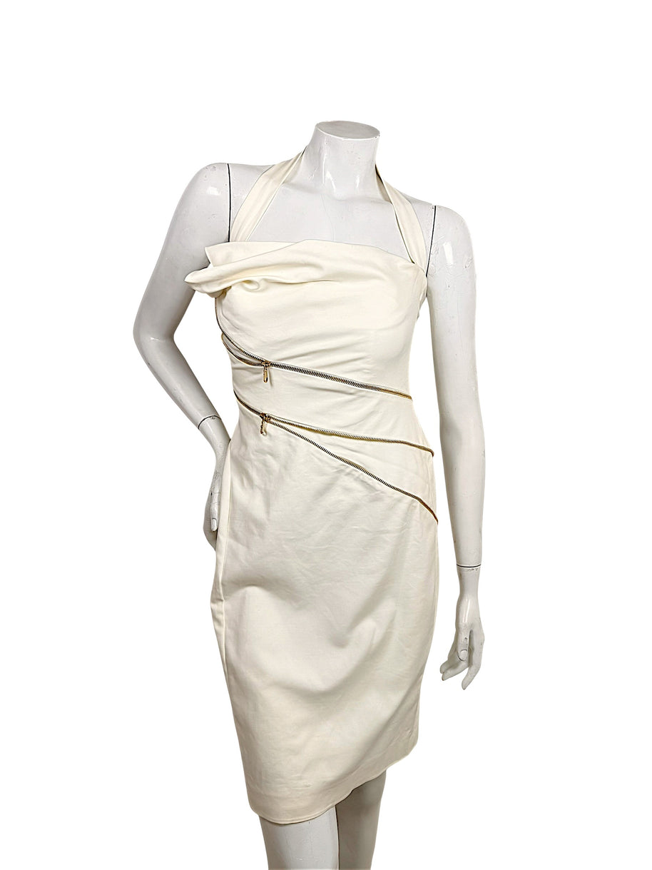 Versace Spring 2009 Runway Look 6 ivory halter dress with gold exposed zipper detailing, front view