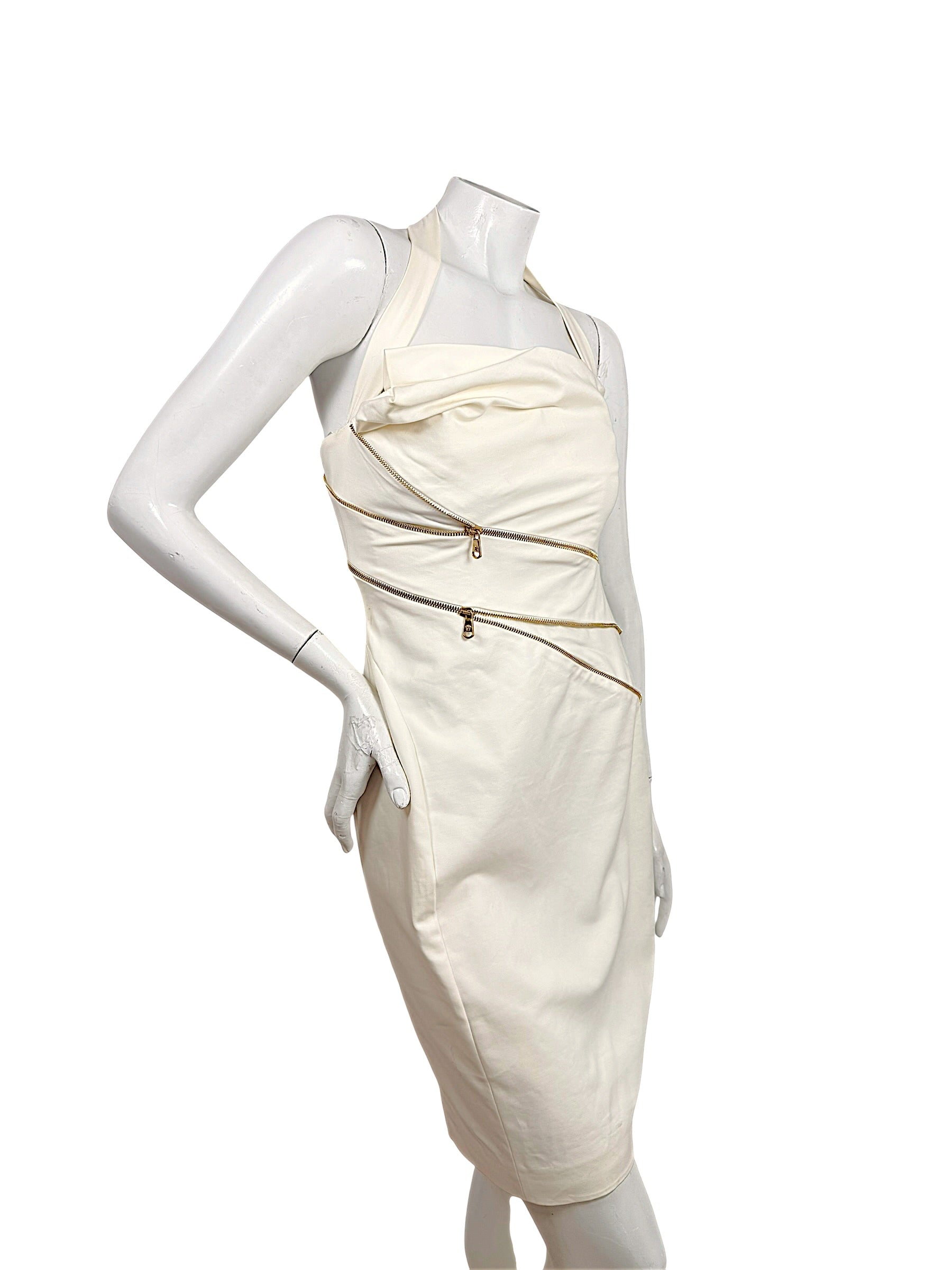 Versace Spring Summer 2009 Look 6 ivory fitted dress with sculptural neckline and gold zippers, angled front view