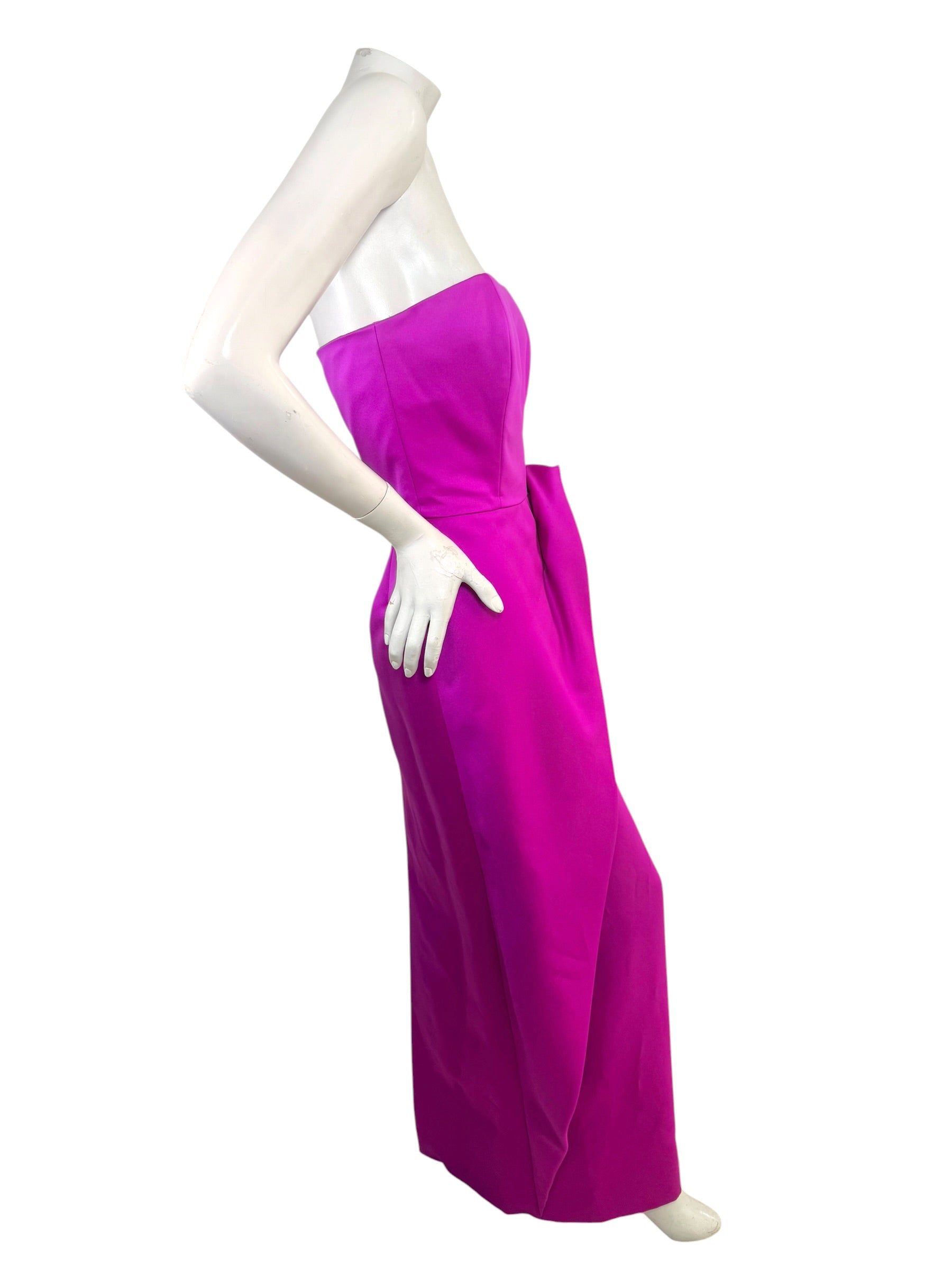 Left profile view of vintage Victor Costa strapless fuchsia column gown