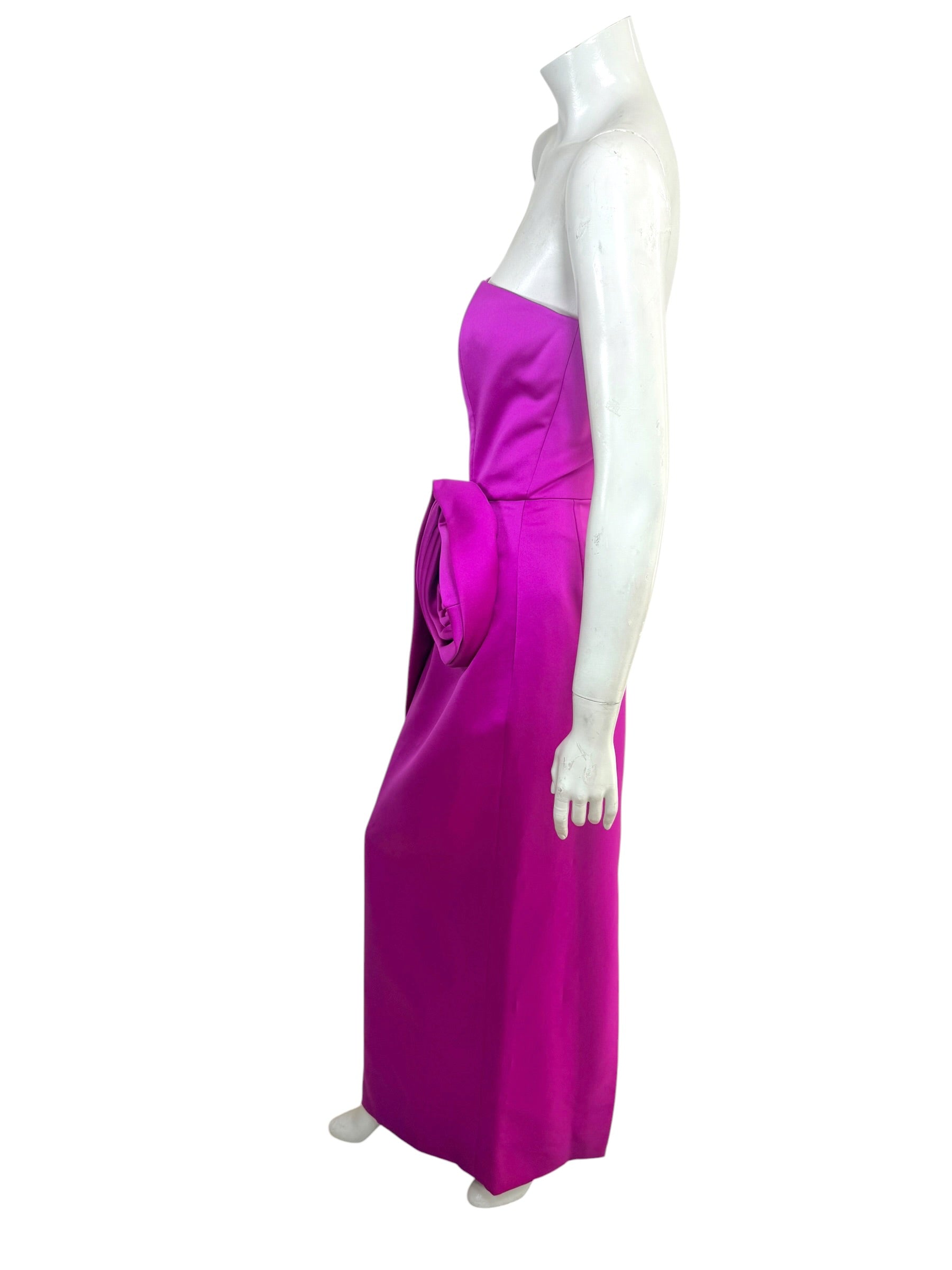 Right profile of vintage Victor Costa formal gown showcasing sculptural floral accent