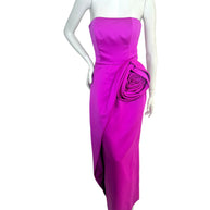 Vintage Victor Costa for Saks Fifth Avenue strapless fuchsia evening gown with oversized sculptural rosette front view