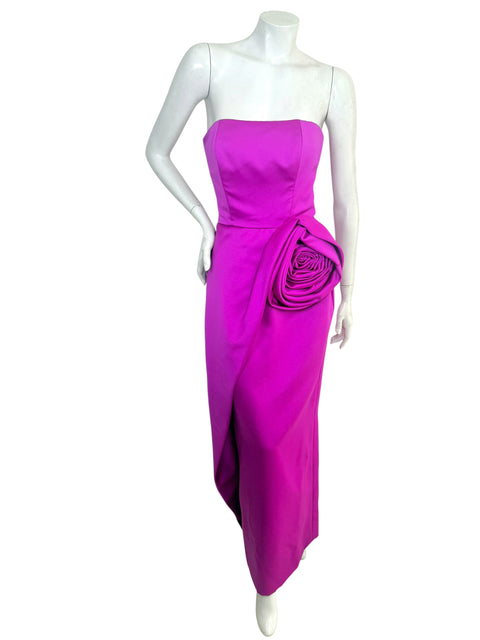 Vintage Victor Costa for Saks Fifth Avenue strapless fuchsia evening gown with oversized sculptural rosette front view