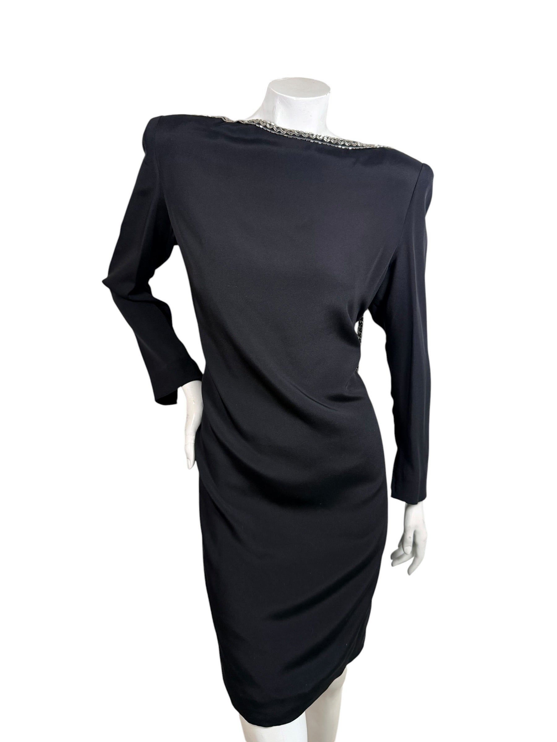 Vintage 1980s Bob Mackie black long sleeve dress showing clean silhouette and beaded bateau neckline
