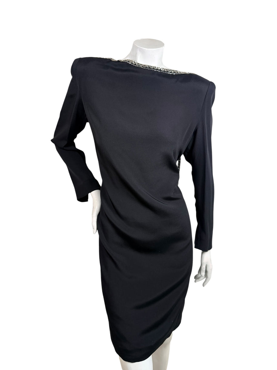 Vintage 1980s Bob Mackie black long sleeve dress showing clean silhouette and beaded bateau neckline