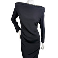 Vintage 1980s Bob Mackie black long sleeve dress showing clean silhouette and beaded bateau neckline