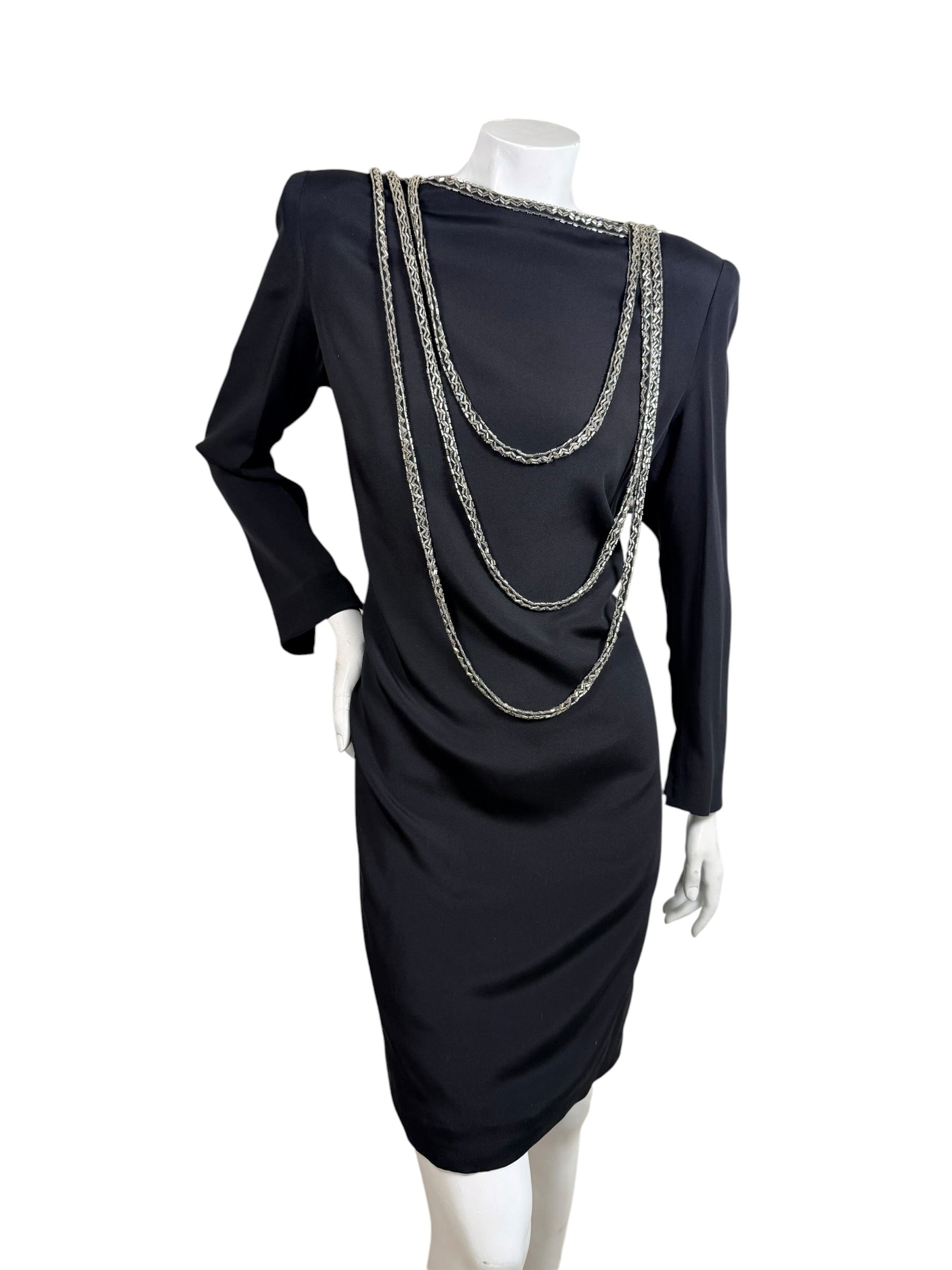 Vintage 1980s Bob Mackie black dress with cascading silver bugle bead embellishment, front view