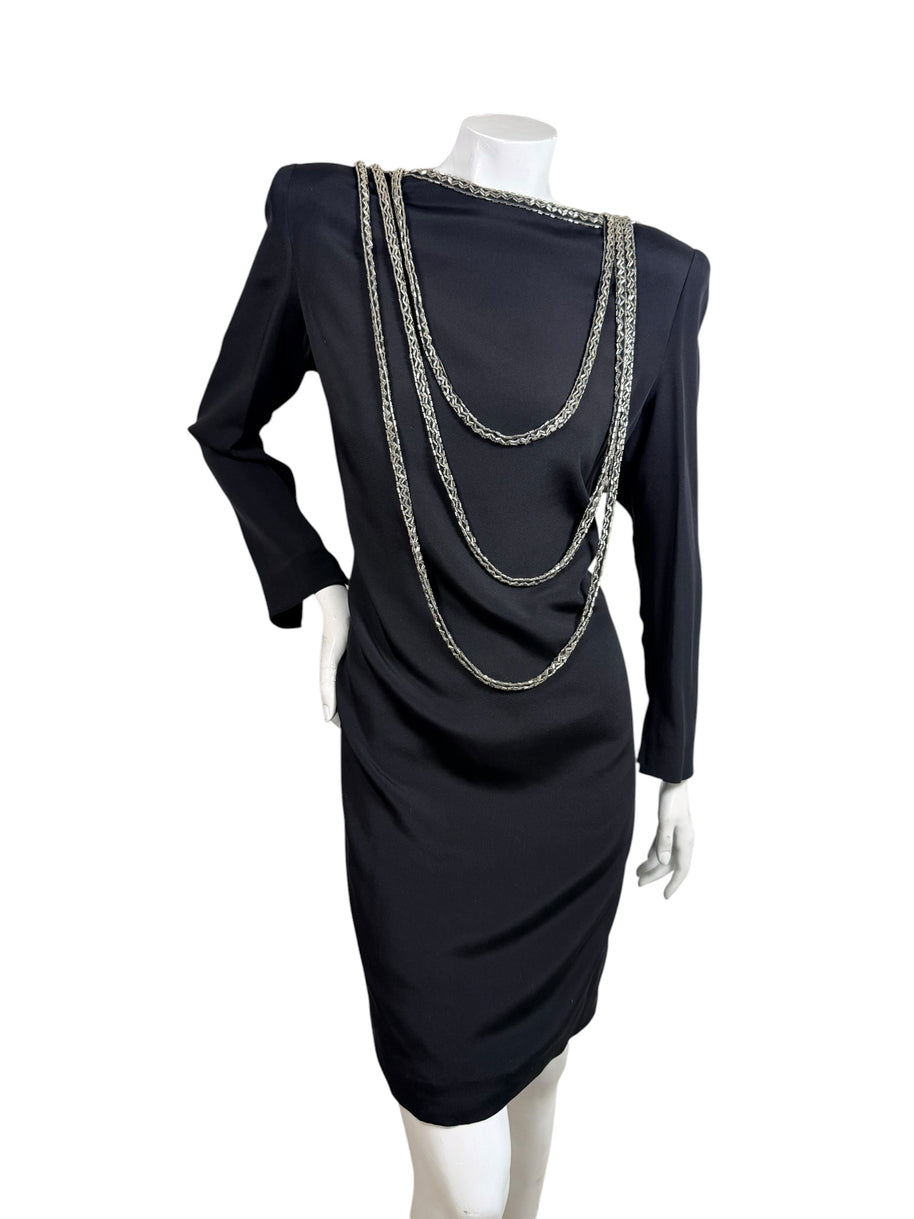 Vintage 1980s Bob Mackie black dress with cascading silver bugle bead embellishment, front view