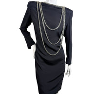 Vintage 1980s Bob Mackie black dress with cascading silver bugle bead embellishment, front view
