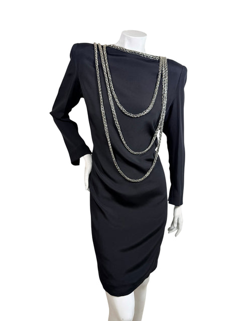 Vintage 1980s Bob Mackie black dress with cascading silver bugle bead embellishment, front view