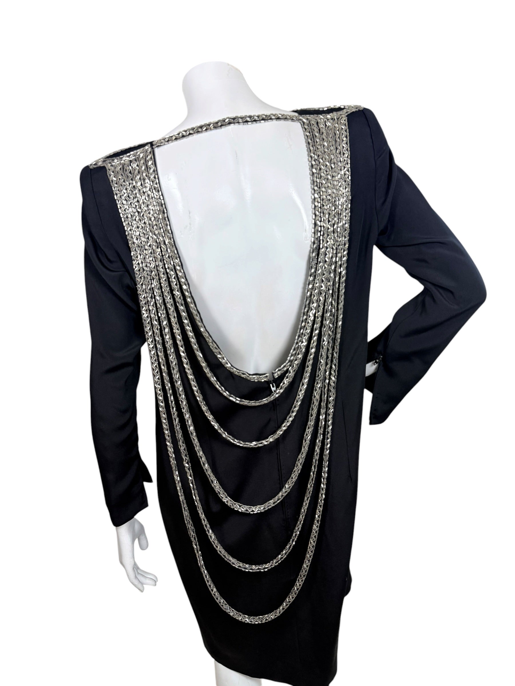 Vintage Bob Mackie black evening dress with deep open back and multiple cascading silver beaded swags