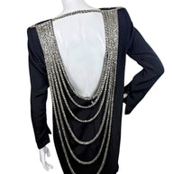 Vintage Bob Mackie black evening dress with deep open back and multiple cascading silver beaded swags