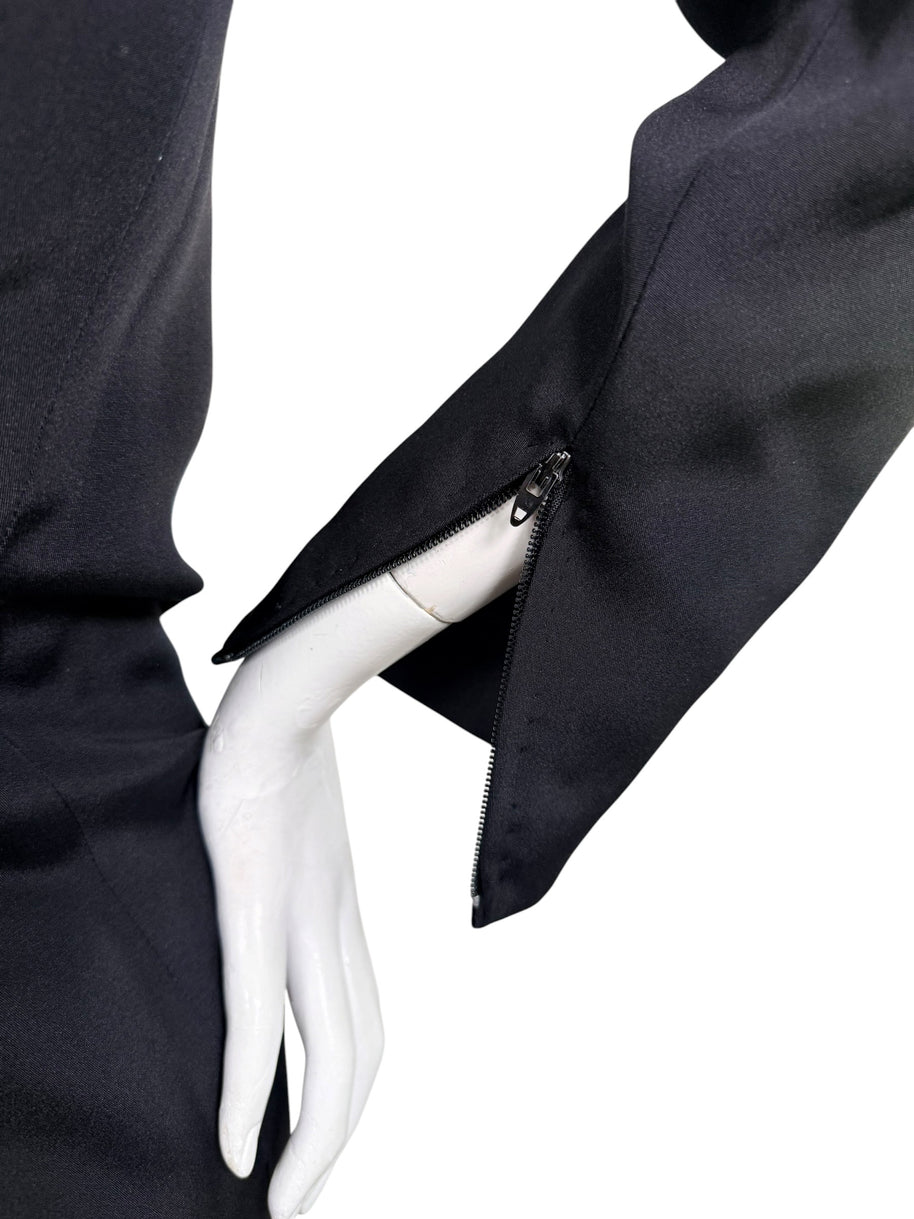 Close-up of concealed zipper sleeve cuff on vintage Bob Mackie black evening dress